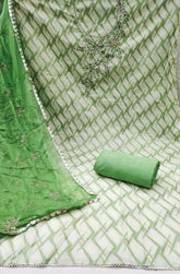 Green and White Floral Cotton Banarasi Handwork Unstitched Suit